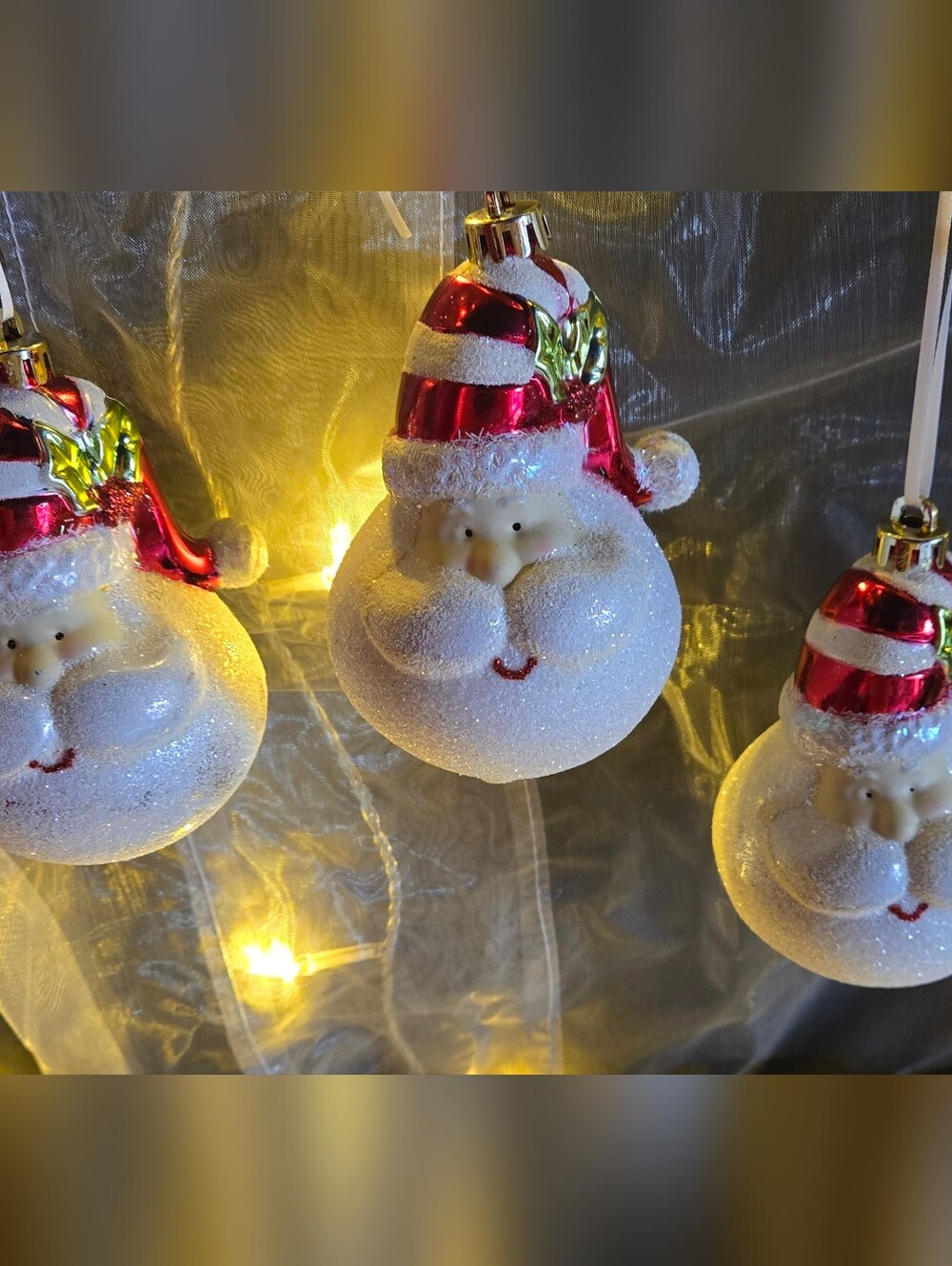 3 Glitter Santa Face Holiday Ornaments in Red and White